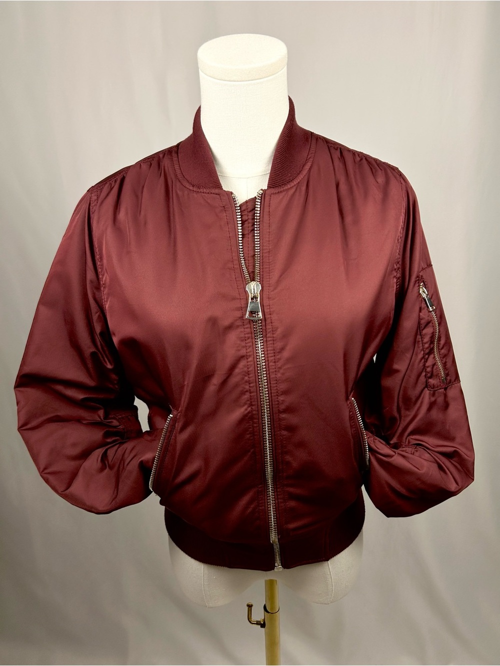 Topshop Burgundy Satin MA1 Flight Bomber Jacket Size 2